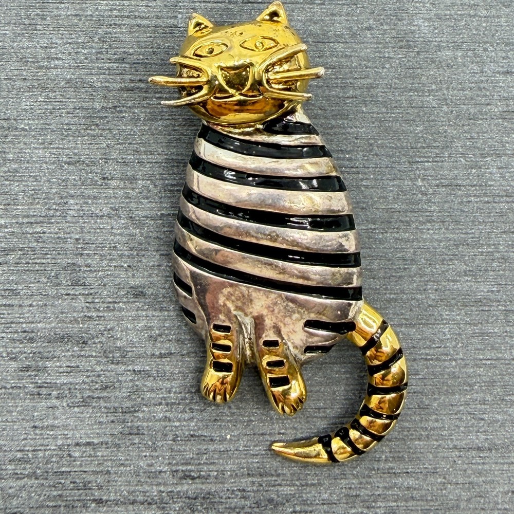 Best Gold & Silver Tone Black Enamel Striped Cat Pendant Brooch Pin Figural Gift